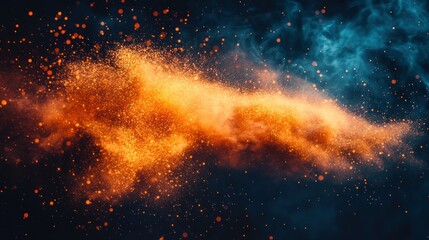 Naklejka premium Fiery orange and blue smoke swirl, dark background, abstract art, design element