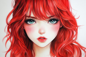 Fototapeta premium Gorgeous portrait of a young woman featuring vibrant red hair, captivating green eyes, and flawless skin, a modern beauty icon