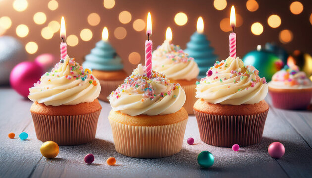 delice sucre cupcakes garnis de creme fondante bougie et bonbons