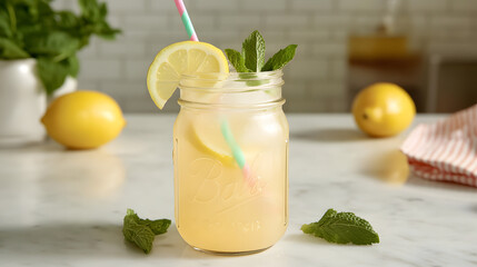 Fototapeta premium Lemonade served in a mason jar with lemon slices, mint leaves, and a colorful straw.