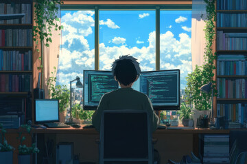 Young coder working from home on multiple screens, programming against a stunning city sunset