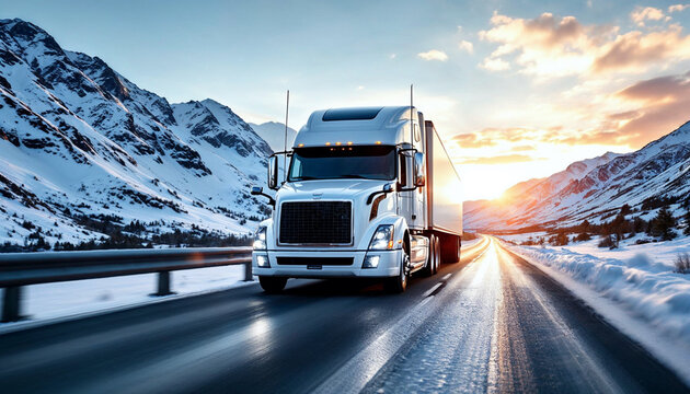 A white semi-truck drives on a snowy highway at sunset, showcasing strength and reliability.
