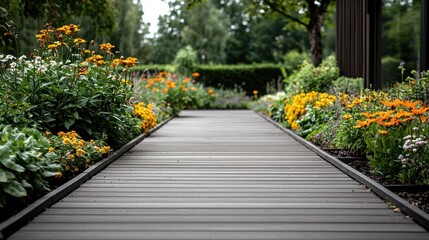 Fototapeta premium Lush riverbank garden a tranquil landscape of trees and flowers