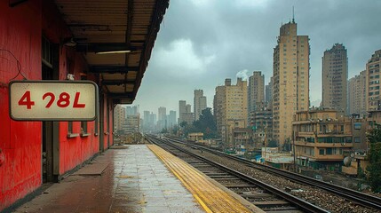 Naklejka premium Desolate Train Platform Urban Skyline View