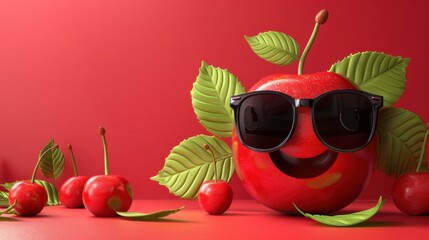 Happy cartoon acerola cherry with sunglasses, red background with leaves