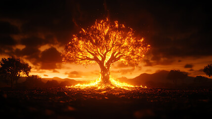 A glowing tree rising from ashes