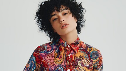 a model wearing a blouse with colorful patterns on her hair 