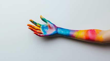 arm and hand painted in bright colors on a white background 