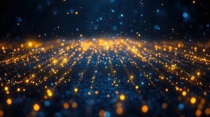 Naklejka premium Golden particles shimmer, dark background, abstract, website banner