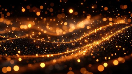 Fototapeta premium Golden particles wave, dark background, abstract, design