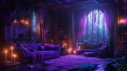 Candlelit Interior with Purple Hues and a Window View of a Snowy Forest