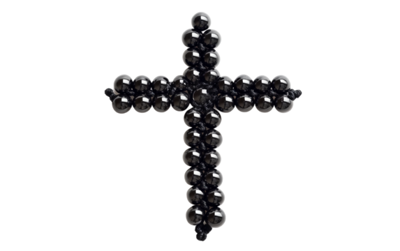 A Sacred Black Rosary Shaped into a Cross for Prayer Isolated On Transparent Background.