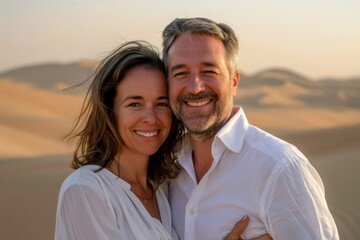 Obraz premium Portrait of a grinning couple in their 40s wearing a classic white shirt isolated on serene dune landscape background