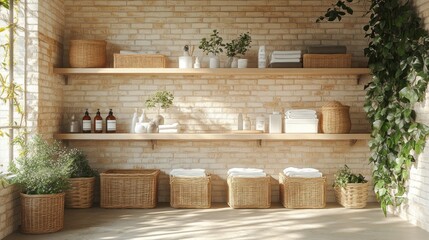 Sunny Laundry Room Shelves, Plants, Storage
