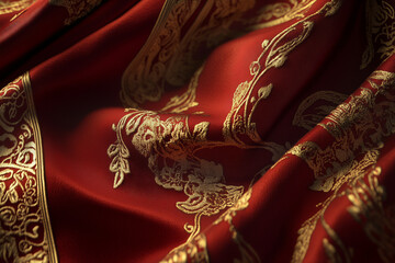 Red fabric with golden floral patterns and intricate designs