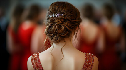 Elegant braided updo hairstyle, party background, formal event, wedding