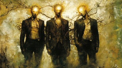 Fototapeta premium Three Mysterious Figures with Glowing Heads in a Surreal Setting