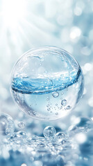Clear water bubble floats in calm surface creating ripples and reflections in a serene, abstract background featuring soft light