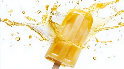 yellow ice cream on a stick splashing into water 