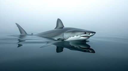 Fototapeta premium Great white shark swims in foggy ocean; wildlife documentary