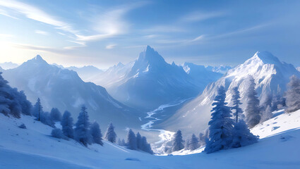 Fototapeta premium Beautiful winter mountains panorama with snow covered peaks and coniferous forest. Generative AI