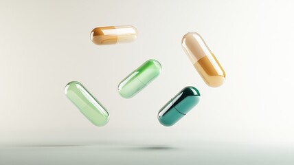 Colorful capsules in mid-air, pharmaceutical concept