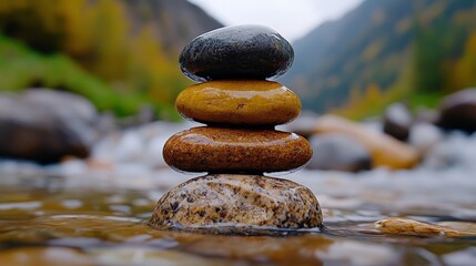 Stacked Stones in Creek: A serene stack of smooth, colorful stones delicately balanced in a shallow creek, with gentle water flowing around them.