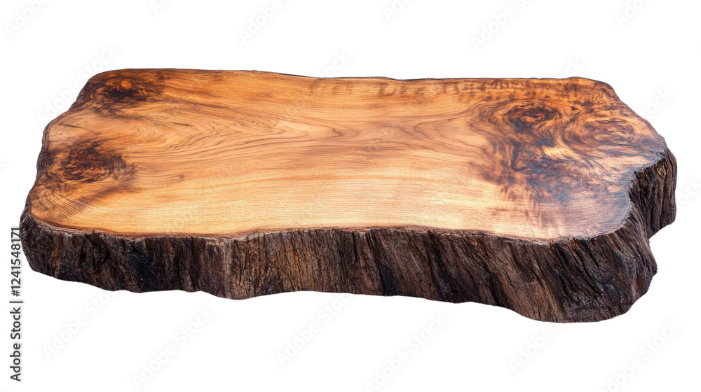 Fototapete A rustic, natural wood slab with a smooth top surface and a rough, textured bark edge, ideal for a tabletop or display.