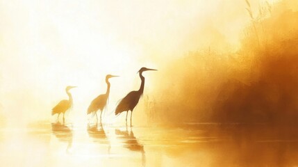 Naklejka premium Herons Fishing at Sunrise with Soft Light Reflections