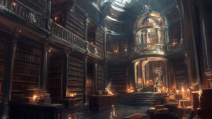 Fototapeta premium An Ethereal Library with Candlelight and Bookshelves