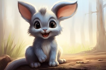 Charming cartoon bunny with gray outline and white spots against a soft baby blue background