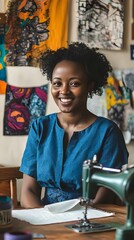 A smiling Kenyan woman in her mid-30s sits at an old sewing machine
