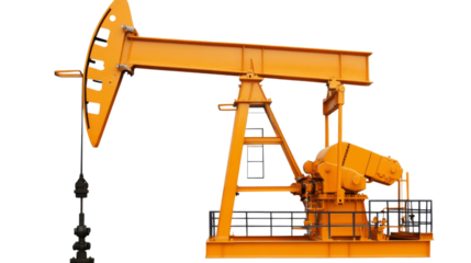 Bright orange oil pump jack on transparent background