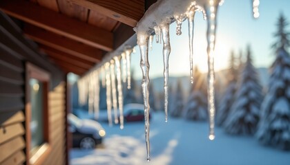 Icicles hanging from a wooden roof with a winter landscape and warm sunlight for winter concept with copy space