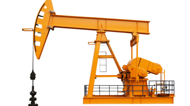 Bright orange oil pump jack on transparent background