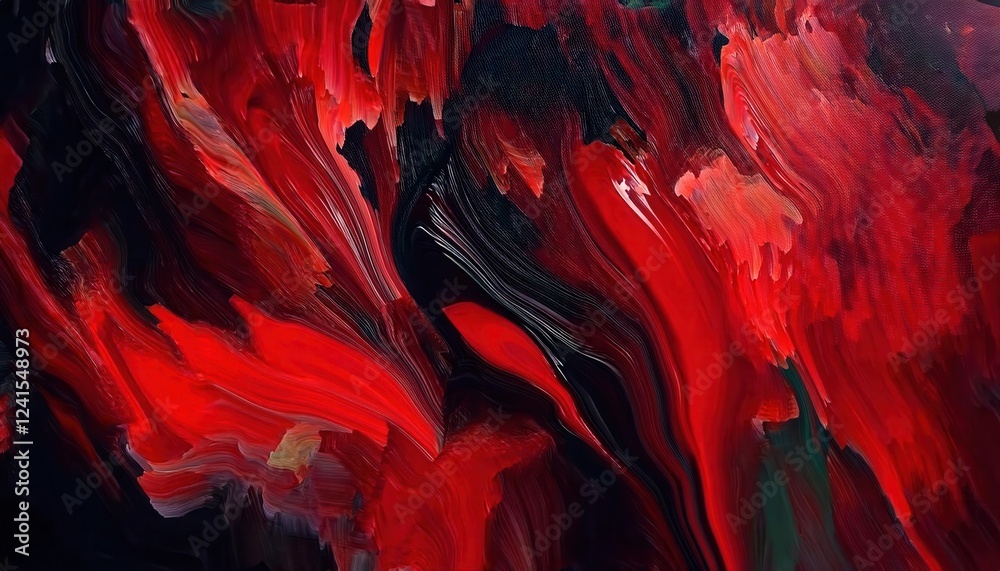 Poster abstract red fluid motion with black highlights, dynamic flow pattern resembling molten lava or blood, dramatic visual texture

