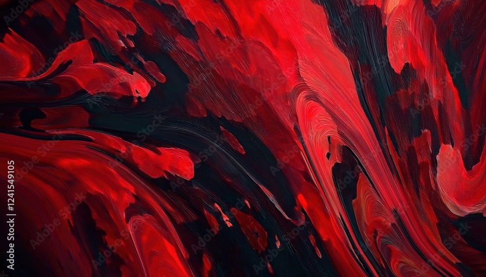 Poster abstract red fluid motion with black highlights, dynamic flow pattern resembling molten lava or blood, dramatic visual texture


