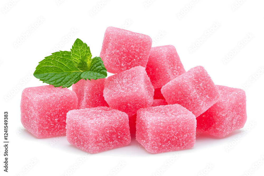 Wall mural A pile of pink strawberry jelly cubes isolated on white background.