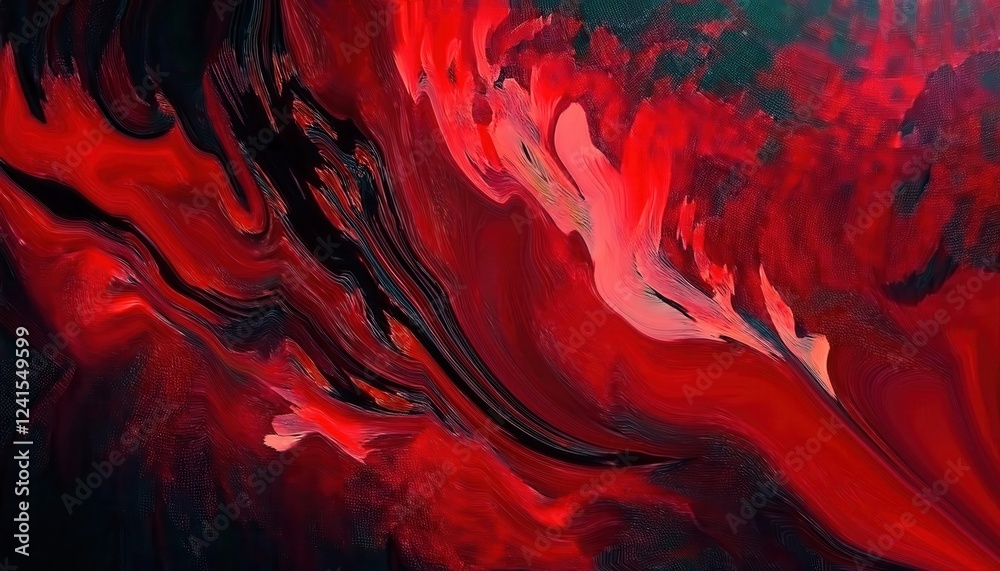 Aufkleber abstract red fluid motion with black highlights, dynamic flow pattern resembling molten lava or blood, dramatic visual texture

