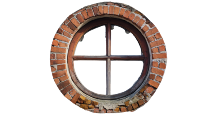 Rustic round window framed by red bricks