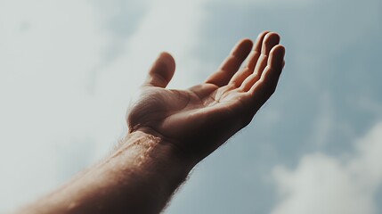 a man holding his hand up to the blue sky 