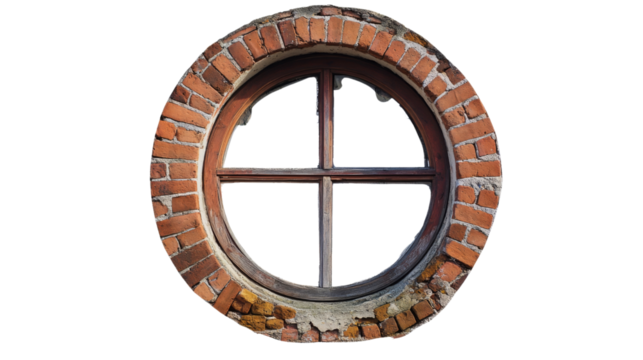 Rustic round window framed by red bricks