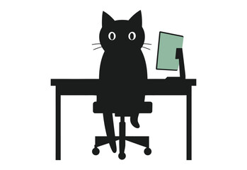 Flat Vector Office Desk, cat with Computer Minimal Front View