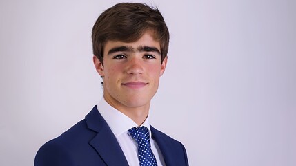 a young man wearing a blue suit, white shirt and blue tie poses for a picture 