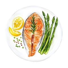 Roasted salmon steak with asparagus, lemon and tartare sauce are on white plate, watercolor clipart illustration with isolated background.