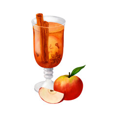 Mulled white wine made from rum, apples, cinnamon, star anise and cardamom spices and orange watercolor isolated illustration. Autumn drink for winter or fall menu, Christmas and Thanksgiving.