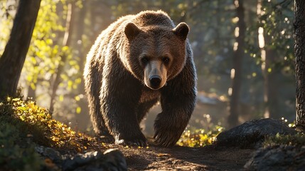 Obraz premium Majestic Brown Bear Strolls Through the Forest at Dawn
