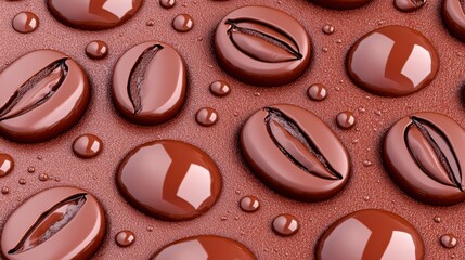 Fototapeta premium Close-Up of Glossy Coffee Beans on a Rich Chocolate Surface with Droplets for Food and Beverage Themes