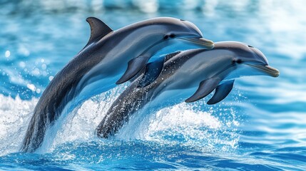 Fototapeta premium Playful dolphins leaping together above the sparkling blue water