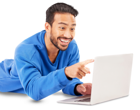Surprise, laptop and pointing with man on the floor, smile and internet isolated on transparent background. Person, guy and model on the ground, computer, happy streaming movie or film, video or png